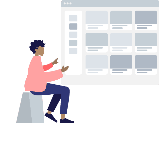 An illustrated character looking at non-descript property listing website.